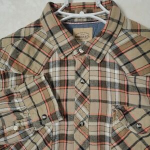 Roebuck & Co Pearl Snap Shirt Men's Size XL‎ Brown Flannel Plaid Western Pockets
